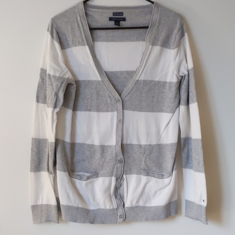 Grey and white striped cardigan